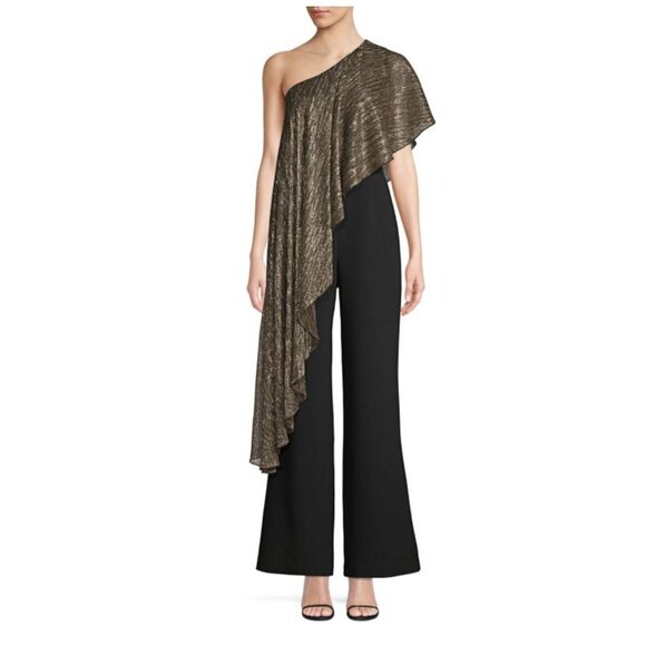 Trina Turk Eastern Luxe Koi Metallic One-Shoulder Jumpsuit Evening Gold Black 12 - Picture 1 of 16